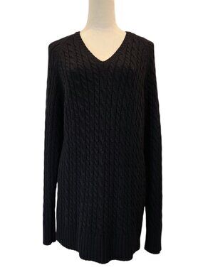 GAP Cable Knit Tunic Sweater V-Neck Cotton Long Pullover Black SZ L